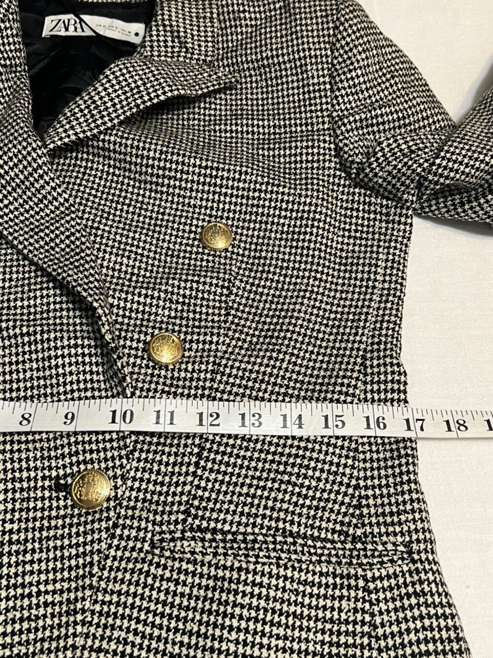 ZARA Houndstooth Blazer Womens Small Double Breasted Gold Button Tailored Tweed - Picture 9 of 15